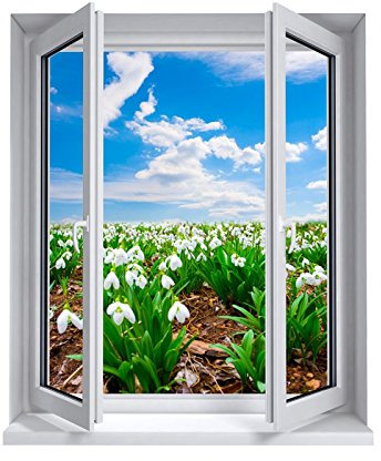 Stickers trompe l'oeil fenêtre champ de fleurs - L 100cm x H 120cm