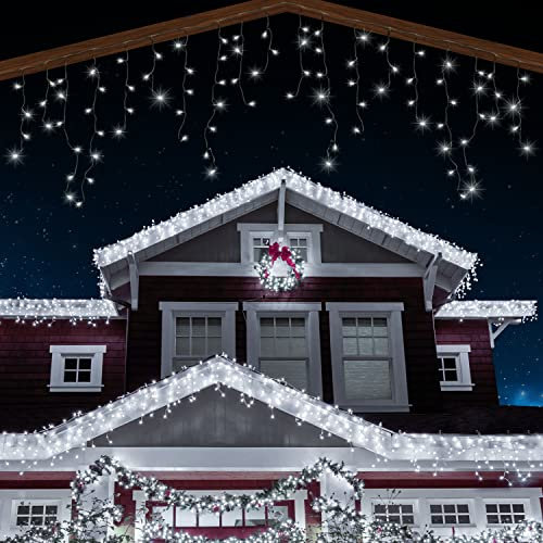 ANSIO® Outdoor Christmas Lights 500 LED 17.4m/56ft Icicle Lights Outdoor & Indoor Cool White Decorations String Fairy Outside Lights with Timer for Xmas Garden Bedroom Party|Mains Powered Green Cable