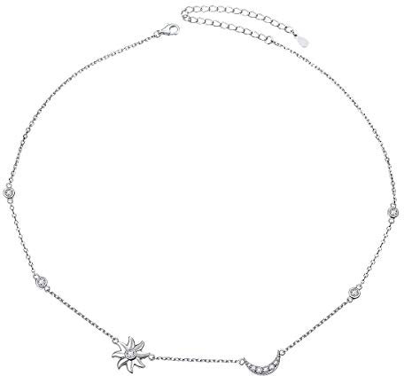 Flyow 925 Sterling Silber Halskette Damen Anhänger Choker Kette Schmuck (Sun Mond und Star)