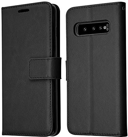 TECHGEAR Galaxy S10 Plus Leather Wallet Case, Flip Protective Case Cover with Card Slots, Kickstand and Wrist Strap - Black PU Leather Designed For Samsung Galaxy S10 Plus