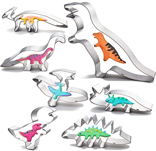 TINGSING Large Dinosaur Cookie Cutter Set 7 Piece T-Rex, Stegosaurus, Parasaurolophus, Triceratops, Baby Dinosaur, Pterodactyl,Brontosaurus, Birthday Party Stainless Steel