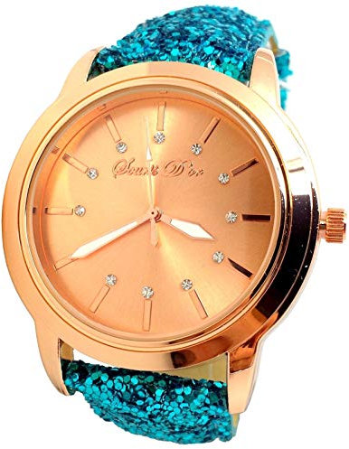 Montre Femme Or Rose CUIVRE Bleu Turquoise Strass Paillettes Glitter IDÉE Cadeau