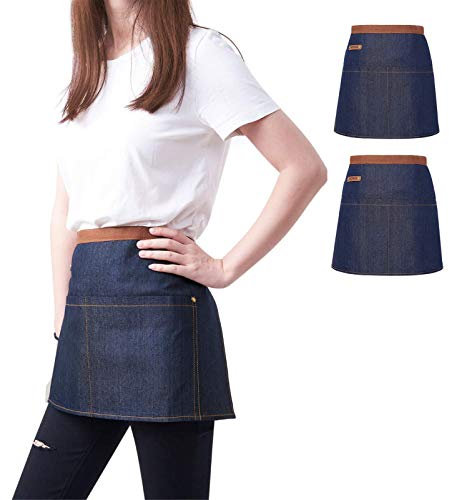 KPD Jeansschürzen für Zuhause und Küche, Unisex, für Zuhause und Küche, Denim-Schürze für Kellnerin, halbe kurze Schürzen, Restaurant, für Damen und Herren, Blau, 2 Stück