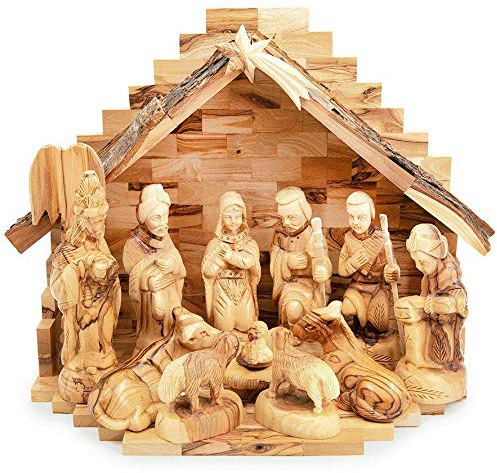 Handcarved Bethlehem Olive Wood Miniature Nativity Scene Set with Stable 12 Pieces (11 Stable with 5-6 Figurines with Faces)