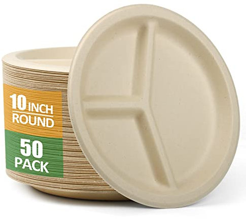 CVIUYO 100% Compostable 10 Inch Heavy-Duty Plates, [50 Pack] 3 Compartment Eco-Friendly Disposable Sugarcane Paper Plates