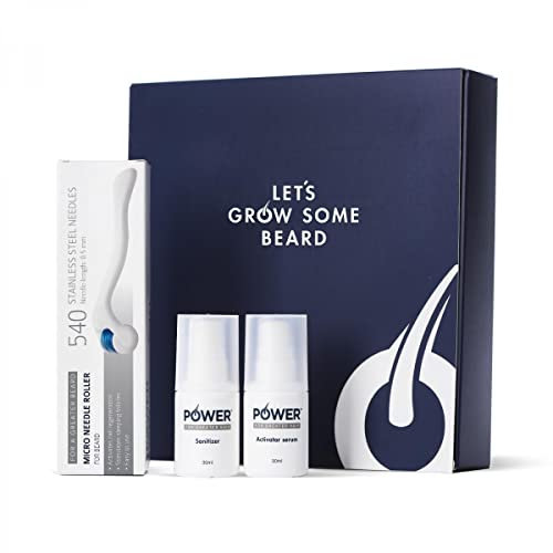 Power Beard Wachstums-Set - Komplettes Kit zur Förderung des Bartwuchses - Mit Power Sanitizer, Micro Needle Roller & Aktivator Serum - (3-teiliges Set)