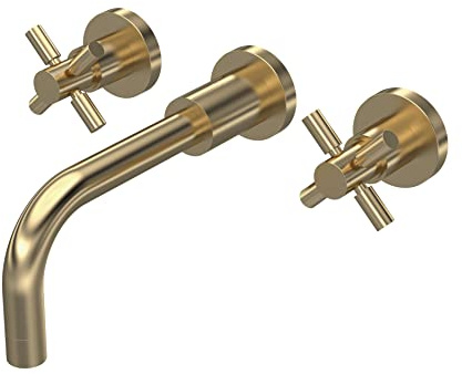 Hudson Reed TEX817 Tec Cross Modern Bathroom Crosshead Wall Mount 3 Tap Hole Basin Mixer Tap, 255mm, Brushed Brass