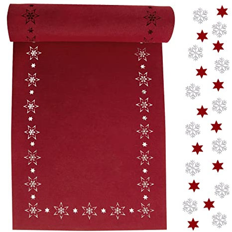 100x30 cm Filz Tischläufer + 24* Streudeko Schneeflocken Sterne Tischband Tisch Filzläufer als Dekoration Weihnachten Winter Weihnachtstischläufer (Sternen (rot))