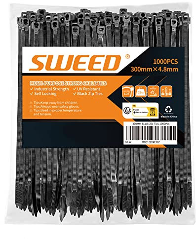 SWEED Serre Cable Noir 300x4,8mm, 1000PCS Collier de Serrage Noir Durable, Serflex Résistants aux UV, Collier Rilsan Robuste Résistance à La Traction De 22kg, Usage en L'Intérieur Et L'Extérieur