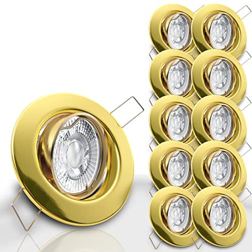 trendlights24 Decora LED Einbaustrahler 230V Gold Messing rund dimmbar, 10er Set Spots 7W GU10 Neutralweiß, Deckenpots 68 mm, schwenkbar