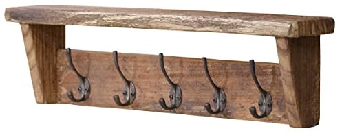 Casa Moro Wandgarderobe Belluno vintage mit 5 Haken rustikale Garderobenleiste mit Ablage aus Teak-Holz,Garderobenleiste Holz Für Flur, Schlafzimmer und badezimmer
