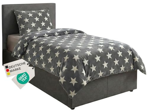 NYVI Winter Bettwäsche CozyStar Soft 2-teilig 1x Bettbezug 135x200 + 1x Kissenbezug 80x80 Grau Sterne - Samtweiche Micromink Oberfläche, mit Reißverschluss, Allergikergeeignet, Oeko-TEX 100