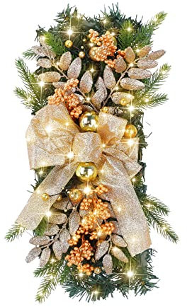 Weihnachtskranz Künstlicher Kranz Tannenzapfen Beer en roter Weihnachtsblume Haustür Hauswandbehang oder Weihnachtsdekoration Winterschmuck Die kabellosen vorbeleuchteten (H-Gold, One Size)