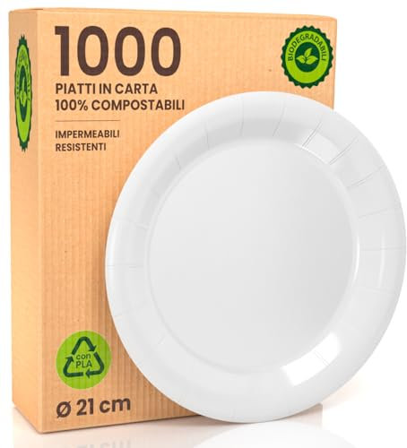 1000 Piatti in Bioplastica Monouso 100% Ecologici - Diametro 21 cm - Ultra Resistenti e Rigidi in Bioplastica (PLA) - Biodegradabili & Compostabili - Perfetti per Picnic, Barbecue e Feste – Bianco