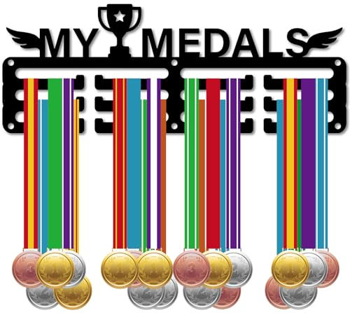 CREATCABIN Medaillenhalter Medaillenaufhänger Medaillenständer Display Sport Metall Hängende Auszeichnungen Eisen Kleine Halterung Auszeichnungen Für Fußball Schwimmen Schwarz 29x11cm-Meine Medaillen