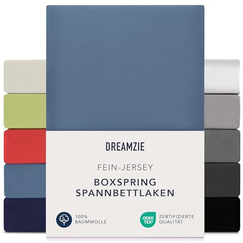 Dreamzie Premium Spannbettlaken 90x200 cm - 100x200 cm - 37cm Seitenhöhe - auch für Boxspringbett & Wasserbett - Bettlaken Boxspringbett 100% Jersey Baumwolle, 150 g/m² - Oeko-TEX - Blau