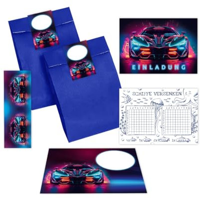 Minkocards 12 Einladungskarten Kindergeburtstag Junge Auto Rennauto Einladungen Jungsgeburtstag Rennwagen incl. 12 Umschläge, 12 Partytüten/blau, 12 Aufkleber, 12 Lesezeichen, 12 Schiffe versenken