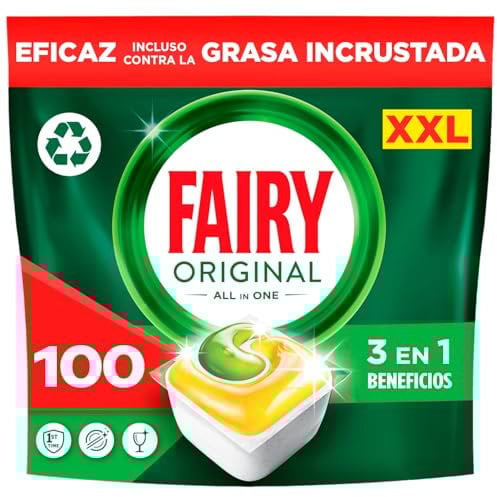 Fairy Original Todo En Uno Pastillas Lavavajillas, 100 Capsulas, Elimina Grasa Reseca, Detergente Lavavajillas con Aroma a Limpio y Fresco, El embalaje puede variar