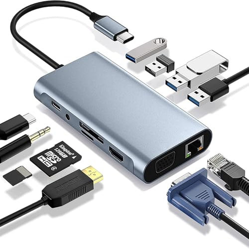 Leehitech Dual Monitor Docking Station, 11-in-1 USB C to HDMI Multi Adapter with 1080P VGA, 1G RJ45 Ethernet, 5Gbps USB 3.0, 3*USB 2.0, SD/TF, PD100W, 3.5mm Headphone Jack for MacBook, iPad, Dell, HP