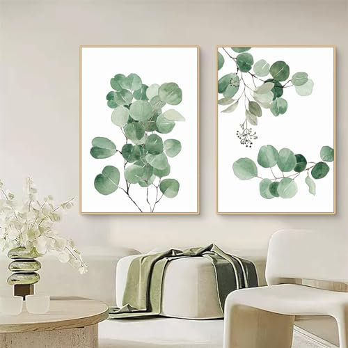 Ueiwffzo 2er Poster Set Grün Blätter Bilder Wandbilder Leinwand Bilder, Wandposter Wohnzimmer Deko Schlafzimmer Natur Poster Kunstdrucke Ohne Rahmen (40x50cm)