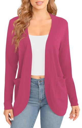 Mujeres Elegante Ligero Manga Larga Cardigan Dobladillo Curvo Frente Abierto Punto Suéter con Bolsillos(XXL, Rojo Rosa)