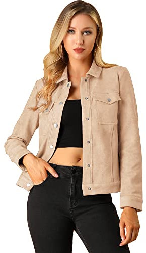 Allegra K Veste femme en simili daim avec col rabattu et poches à rabat Rose Abricot 3XL