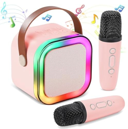 Machine de karaoké pour enfants et adultes, mini haut-parleur de karaoké Bluetooth portable avec 2 microphones sans fil et LED, cadeau d'anniversaire pour garçons et filles âgés de 4 à 12 ans, karaoké