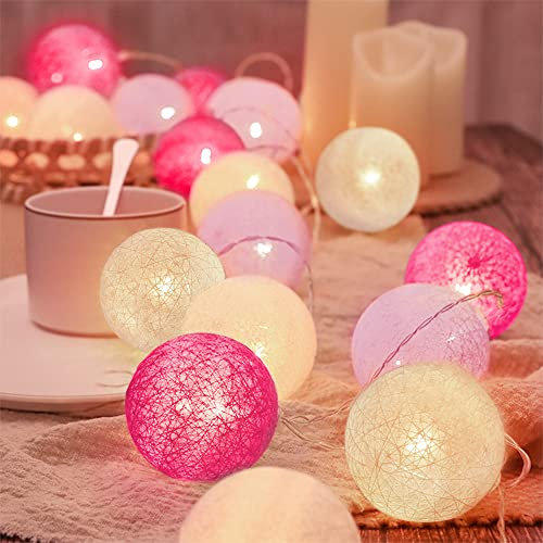 LED Cotton Ball Fairy Lights, 3M 20LED Battery Powered LED Fairy String Light, Portable Indoor Fairy Lights for Bedroom, Living Room, Party (Pink)
