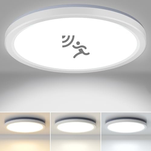 Bathroom Ceiling Light with Motion Sensor,[>(25-35)LM, No Movement, Light is off] 18W 1800LM,100W Equivalent, 3000K/4000K/6500K IP56 Ceiling Lights for Hallway, Stairs, Utility Room,Ø23*2.8CM(White)