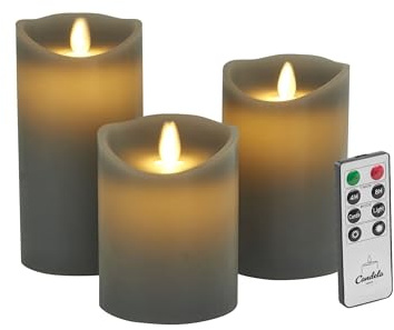 LC Home Candela Lights LED Kerzen Set Grau Stumpenkerze Echtwachs mit Fernbedienung Timer Funktion & mehrstufig dimmbar bewegliche Flamme Echtwachskerzen (Grau, 3er Set)