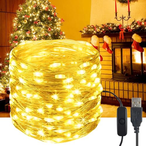 YIFMOO LED Lichterkette USB, 20M 200LED Wasserdicht Draht lichterkette mit Schalter, Micro Kupferdraht Lichterkette Außen und Innen für DIY Weihnachten, Zimmer, Party, Hochzeit Deko, Warmweiß