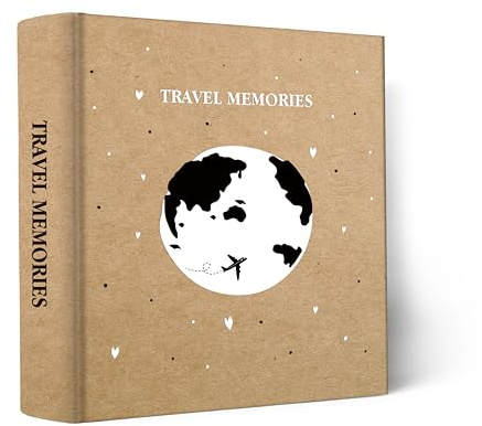Holoary Fotoalbum, 10,2 x 15,2 cm, 200 Fotos pro Seite, 200 Taschen 10,2 x 15,2 cm, mit Schreibfläche, Kraftpapiereinband, Reisedesign, Weltkarte, Abenteuer, Urlaub, Reise-Fotoalbum