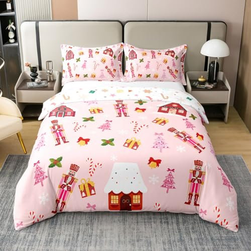 Noël Rose 100% Coton Bio 220x240 Housse de Couette,Casse Noisette Cartoon Parure de Lit,Couvre Lit en Rotin Rouge Candy,Thème de Noël Réversible Flocons de Neige Mignons Couvre Lit,pour Filles