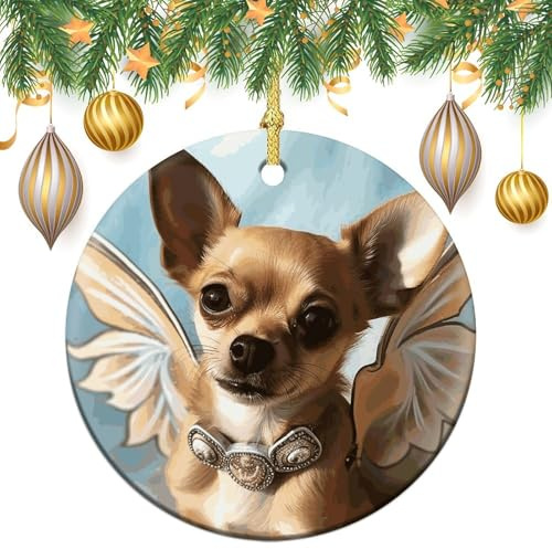 Weihnachtsschmuck, brauner Chihuahua-Engelsflügel, Keramik, hängende Ornamente für Weihnachtsbaum, rund, Porzellan, Ornament, Anhänger, personalisierte Weihnachtsschmuck für Party, Büro, Urlaub,