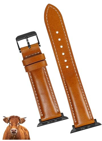 Light Orange Full Grain Leather Watch Strap Compatible for Apple Watch With 41mm 40mm 38mm Iwatch Men Handmade Replacement Band For Smartwatch Series 8 7 6 5 4 3 2 1 SE Gift Vintage AW-202-DE-SS