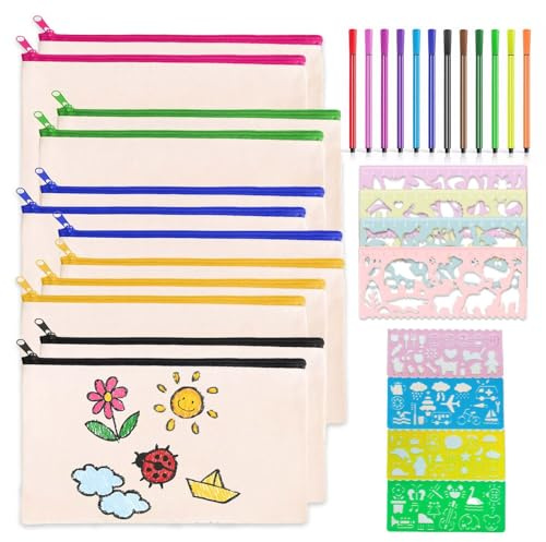 DIY Set für - Stoffbeutel zum Bemalen - Ideal für Geburtstag Basteln & Gastgeschenke - Mit Bunstiften & Zeichenschablonen - Geschenktüten Geburtstag mit Spaßgarantie