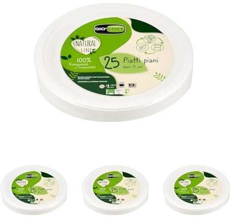 GIO'STYLE Piattini Piani Ø 17,5 cm | 25 Pezzi | Polpa di Cellulosa | Biodegradabili e Compostabili (Confezione da 4)