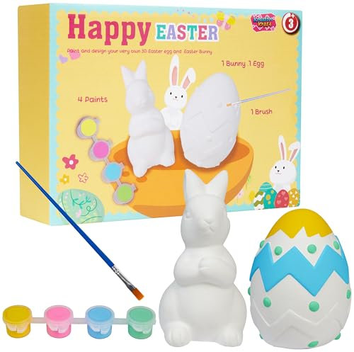 KreativeKraft Ostern Basteln Kinder Bastelset DIY Set Kinder Gips Ostereier Bemalen Osterhasen Gipsfiguren zum Bemalen (Hase & Ei 2er Pack)