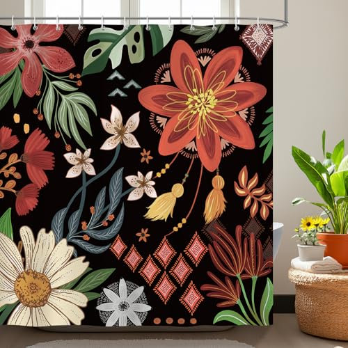 Bonhause Rideau de Douche Boho Fleurs Rétro Feuilles Noir Rideau de Bain Tissu Polyester Anti Moisissure Imperméable Lavable Rideaux Salle de Bain 180 x 180 cm avec 12 Crochets pour Baignoire
