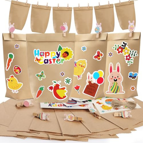 KIKISML 12 Regalo de Papel, Bolsas de Papel Regalo para Fiestas con Pegatinas de Sellado y Clips de Madera, Kit de Bolsas de Regalo de Pascua para Hacer Tú Mismo Kraft Pegatinas Decorativas y Cuerda