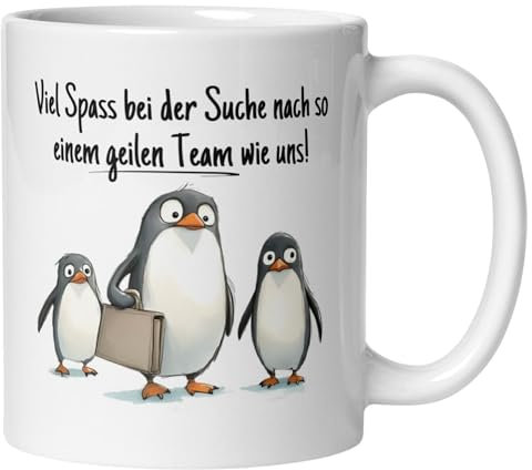 Abschiedsgeschenk Kollegin Kollege Tasse mit Spruch | Pinguine – Viel Spaß bei der Suche | Lustiges Geschenk zum Abschied Jobwechsel Büro | Geschenkidee Arbeitsplatzwechsel Stellenwechsel