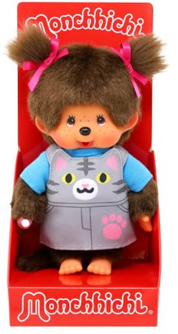 Sekiguchi 203895 - Monchhichi Fille Original avec Robe à Bretelles et Visage de Chat, Peluche d'environ 20 cm en Peluche Marron