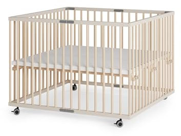 Sämann Laufstall faltbar Baby 100x100 cm | stufenlos höhenverstellbar | Laufgitter Premium | Babybett aus Holz | Krabbelgitter sahara dust/natur