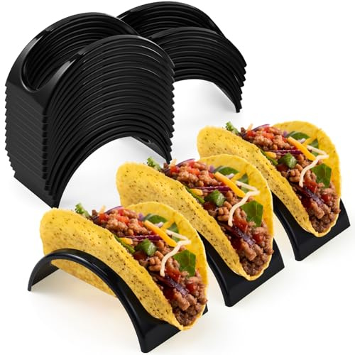 Baderke 24 Pcs Plastic Taco Holder Black Single Serving Stand Taco Tray | Mexico Party Supplies, Holder for Tuesday Night Carnival Backyard Party Supplies, Dishwasher Microwave Safe