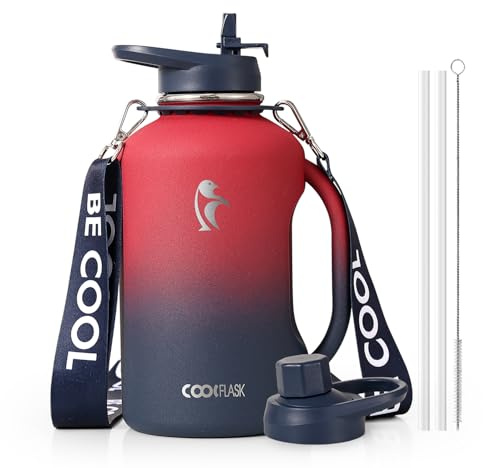 Coolflask 2L Water Bottle Insulated Stainless Stee with Handle & 2 Lids | Triple-Wall Vacuum Copper Plating, Cold 48+h/Hot 24+h, Dishwasher Safe, Leakproof, BPA-Free, for Gym & Hiking, Lavender
