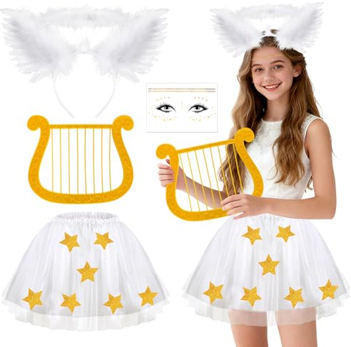 4STK Engel Kostüm Damen, Heiligenschein Engel Haarreif mit Flügel Glitter Freckles Tattoo Tüllrock Weiß Kunststoff Harfe, Weihnachts Engelskostüm Damen für Weihnachten Halloween Karneval Party Cosplay