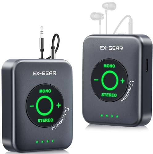 EX GEAR Sistema de monitor intrauditivo inalámbrico de 5.8 GHz, IEM estéreo claro de baja latencia con receptor transmisor recargable de clip, emparejamiento automático uno a muchos para estudio