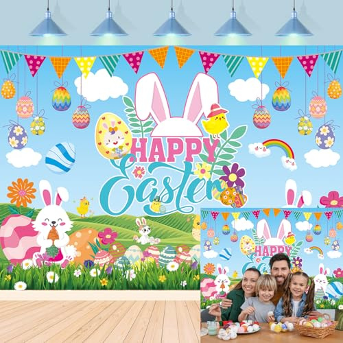 Happy Easter Backdrop Colorful Eggs Bunny Rabbit Chick Floral Grass Spring Easter Photography Background Kids Baby Shower Birthday Party Decorations Banner Photo Props (6x4FT)