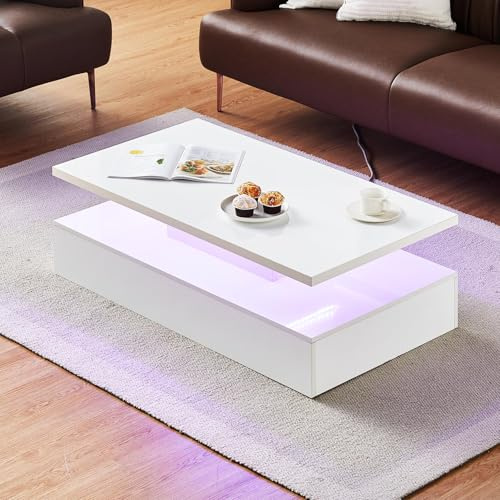 CLIPOP Couchtisch Hochglanz weiß, mit LED, Lichtfarben wechselbar | 2-stufiges Design, 110×60×39 cm, für Wohnzimmer, moderner Sofatisch, vielseitig, elegante Optik