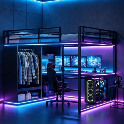 Calivra Letto a soppalco da gaming, 160 x 200 cm, con scrivania, LED e armadio aperto, letto in metallo con ripiani e scala, letto per ragazzi in nero, senza materasso